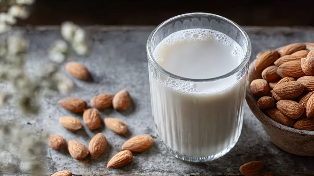 Čaša bademovog mleka na stolu, okružena svežim bademima i činijom punom orašastih plodova