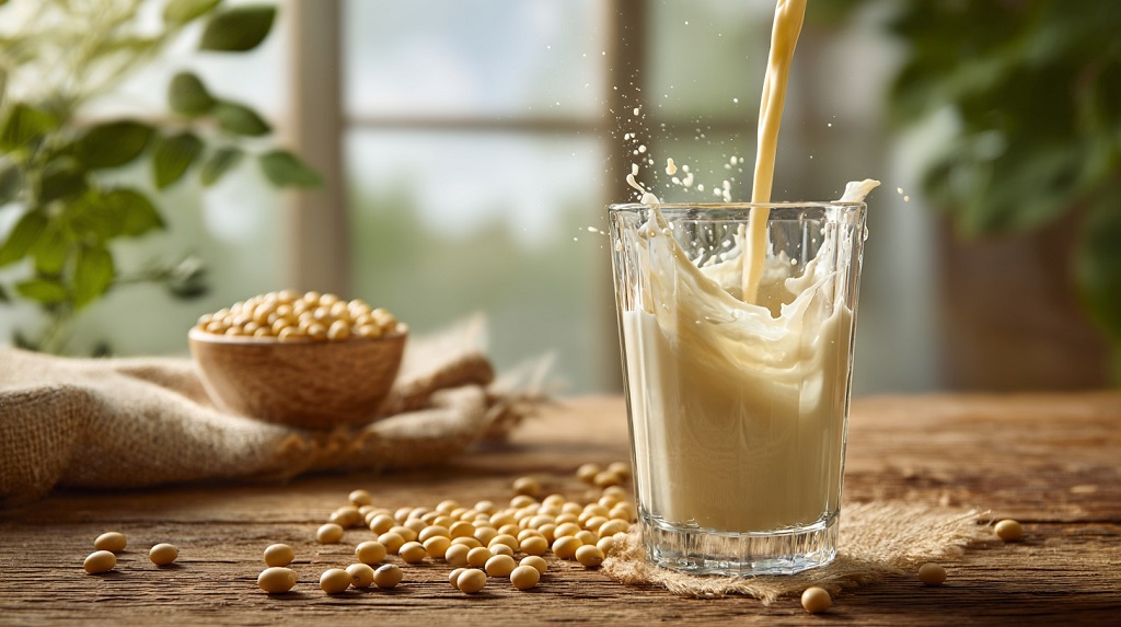 Čaša sojinog mleka u koju se upravo sipa napitak, na drvenom stolu sa zrnima soje