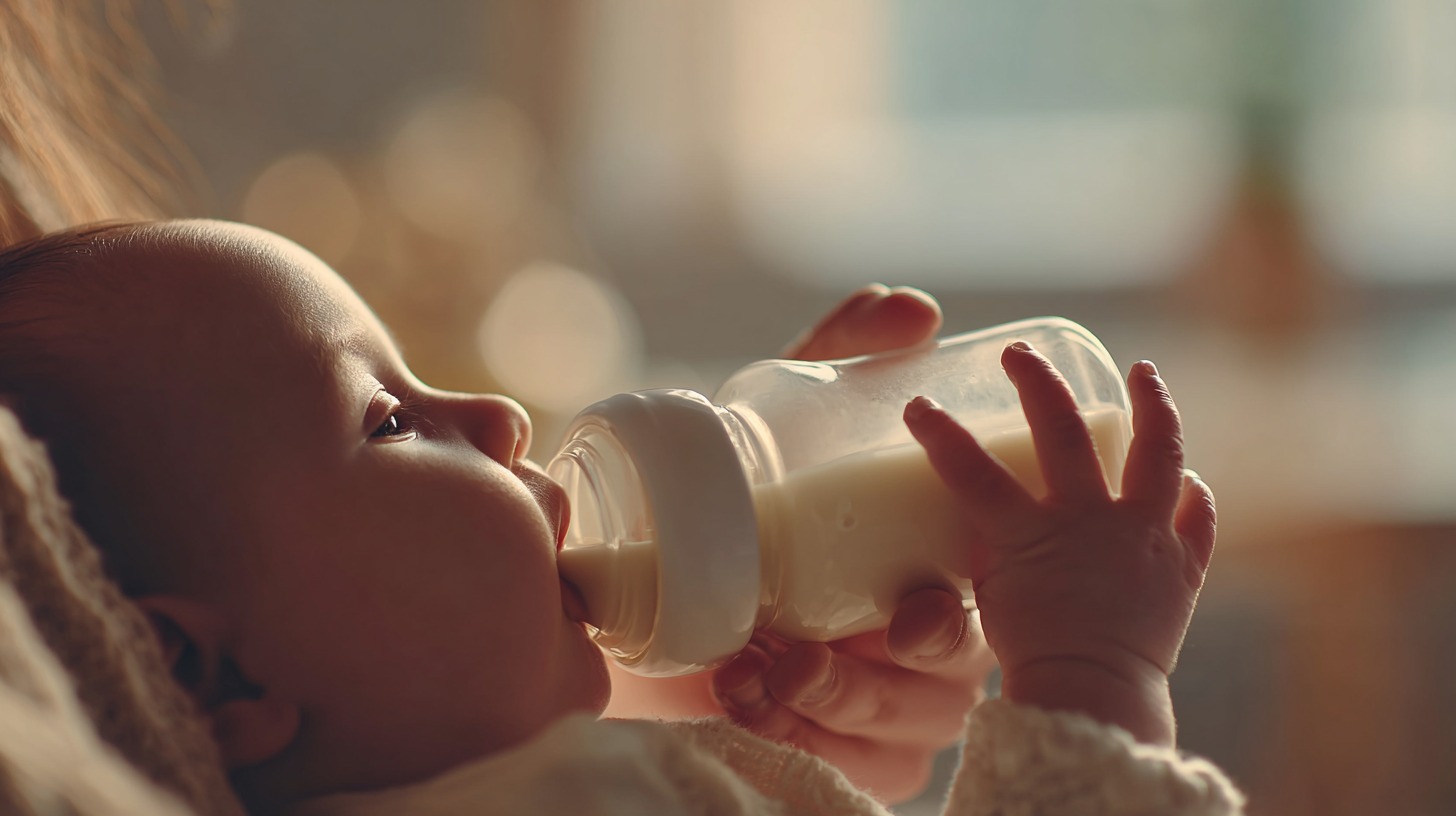 Beba pije mleko iz svoje flašice
