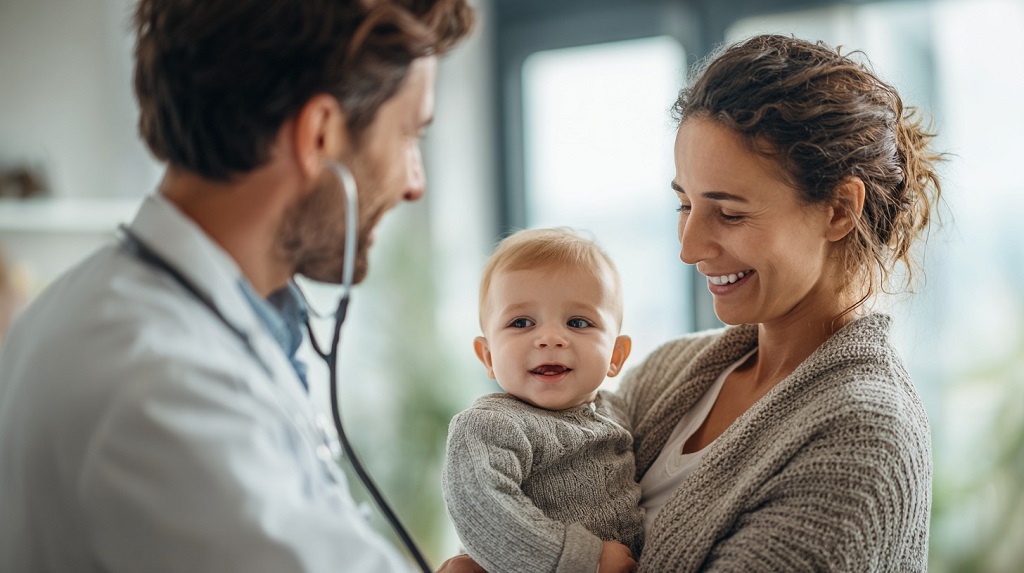 Roditelj drži bebu tokom pregleda kod pedijatra