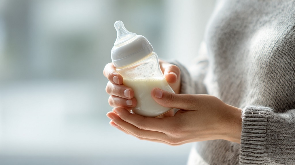 Flašica sa mlekom u majčinim rukama, spremna za hranjenje