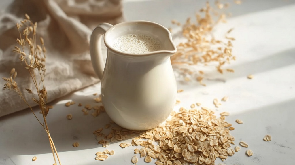Bela keramička posuda napunjena ovsenim mlekom, okružena suvim ovsenim pahuljicama na stolu osvetljenom dnevnom svetlošću